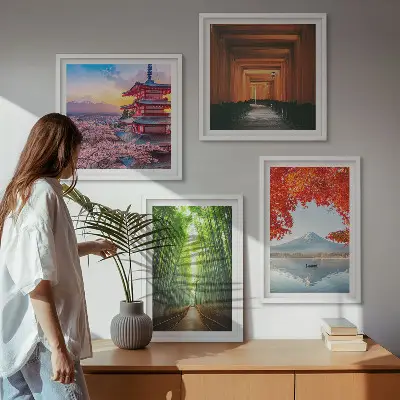 Billedvæg over sofa med bambusskov i Japan