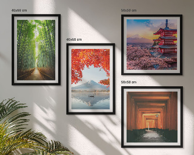 Billedvæg over sofa Fuji Torii bambus skov Japan