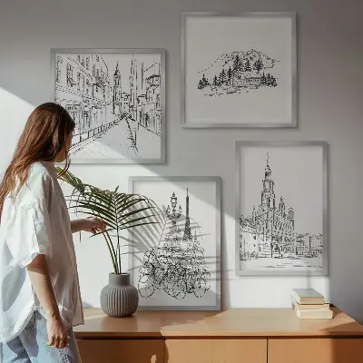 Billedvæg med bymotiver enkle tegninger til sofaområdet