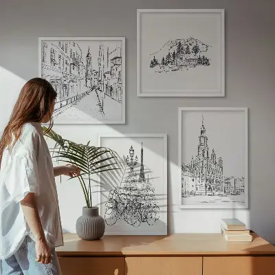 Billedvæg med bymotiver enkle tegninger til sofaområdet