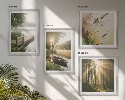 Billedvæg over sofa med motiv af sø, skov, båd og morgentåge