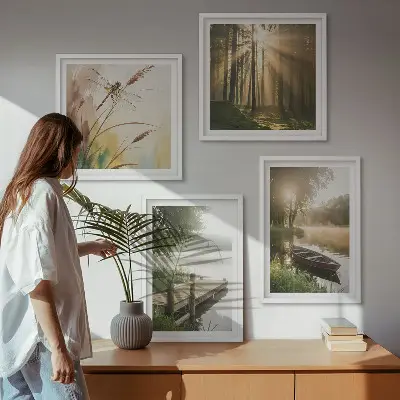 Billedvæg over sofa med motiv af sø, skov, båd og morgentåge