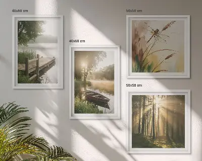 Billedvæg over sofa med motiv af sø, skov, båd og morgentåge