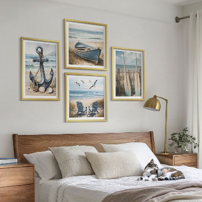 Billedvæg over sofa Ankerbåd årer strand