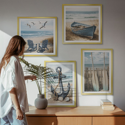 Billedvæg over sofa Ankerbåd årer strand