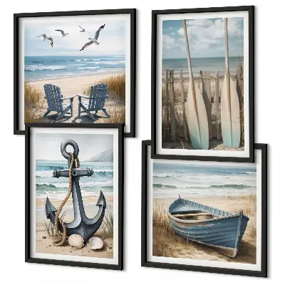 Billedvæg over sofa med motiv af anker, båd, årer og strand