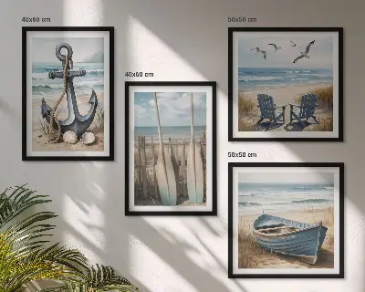 Billedvæg over sofa med motiv af anker, båd, årer og strand