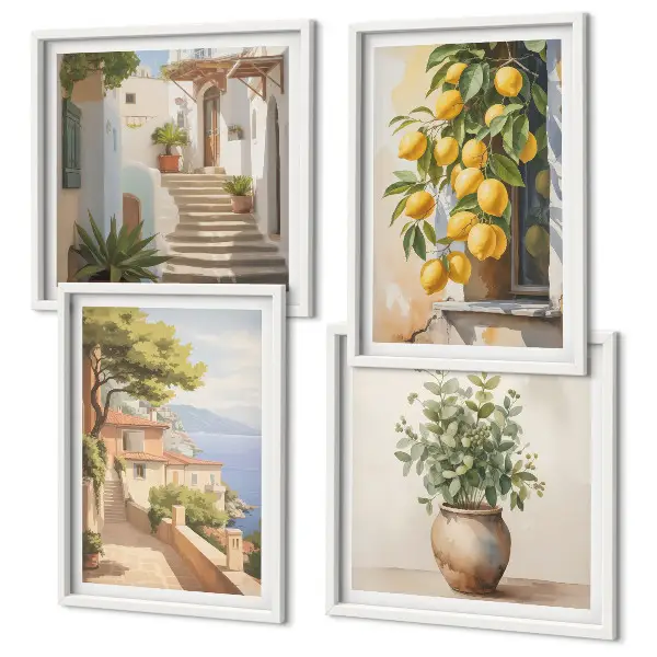 Billedvæg over sofa med motivet Blomster i en vase og et hav af citroner