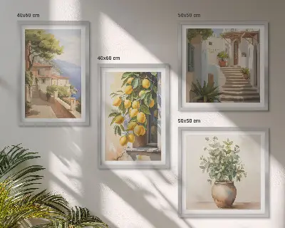 Billedvæg over sofa med motivet Blomster i en vase og et hav af citroner