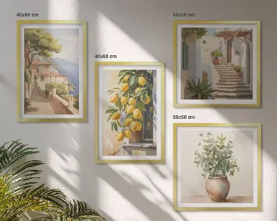 Billedvæg over sofa med motivet Blomster i en vase og et hav af citroner
