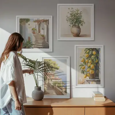 Billedvæg over sofa med motivet Blomster i en vase og et hav af citroner
