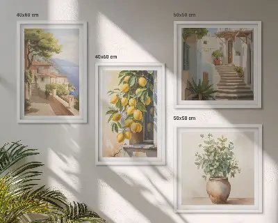 Billedvæg over sofa med motivet Blomster i en vase og et hav af citroner