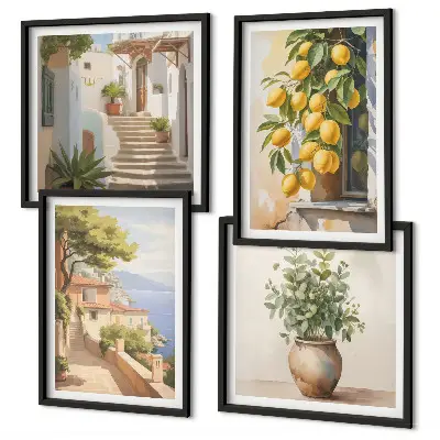 Billedvæg over sofa med motivet Blomster i en vase og et hav af citroner