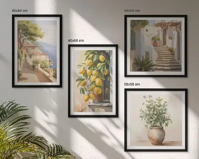 Billedvæg over sofa med motivet Blomster i en vase og et hav af citroner