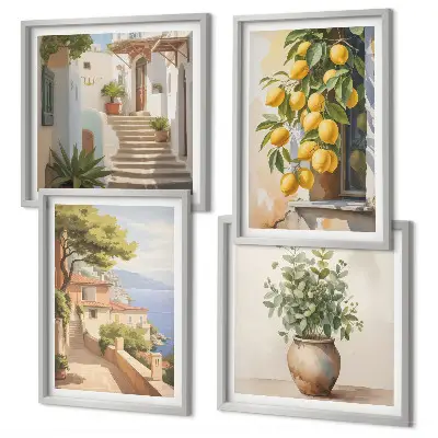 Billedvæg over sofa med motivet Blomster i en vase og et hav af citroner