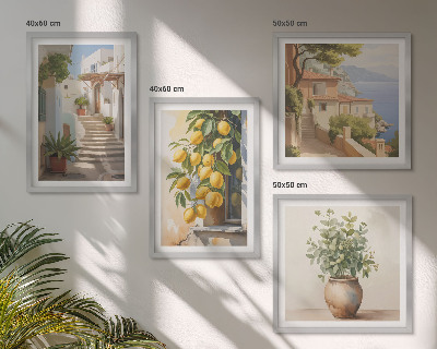 Billedvæg over sofa Planter i potter, citroner, gade