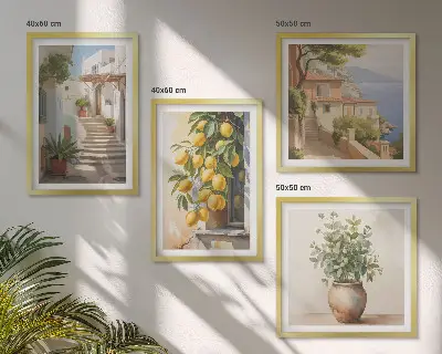 Billedvæg over sofa med motiver af planter i potter, citroner og gade