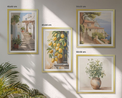 Billedvæg over sofa Planter i potter, citroner, gade