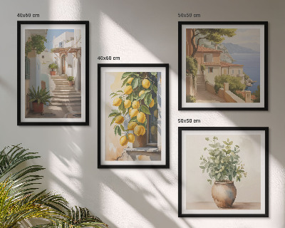 Billedvæg over sofa Planter i potter, citroner, gade