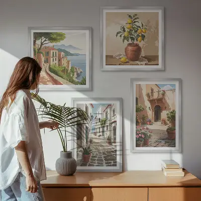 Billedsæt med ramme motiver af gader huse planter og potter