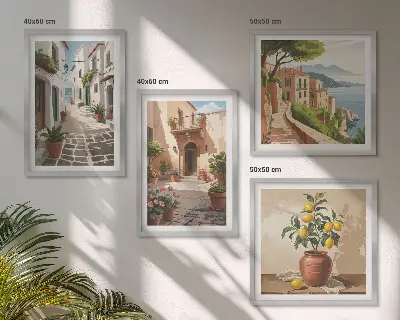 Billedsæt med ramme motiver af gader huse planter og potter