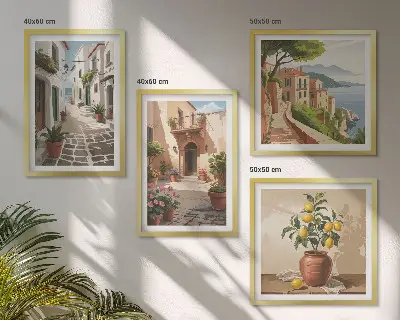 Billedsæt med ramme motiver af gader huse planter og potter