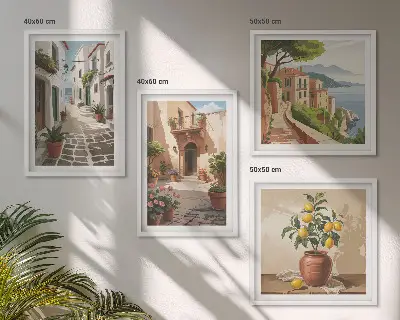 Billedsæt med ramme motiver af gader huse planter og potter