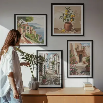 Billedsæt med ramme motiver af gader huse planter og potter