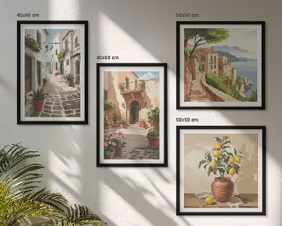 Billedsæt med ramme motiver af gader huse planter og potter