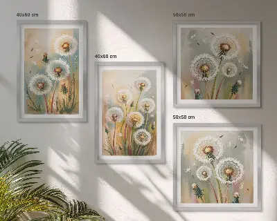 Billedvæg over sofa med mælkebøtteblomster og pastelgræsser