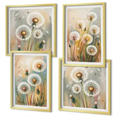Billedvæg over sofa med mælkebøtteblomster og pastelgræsser