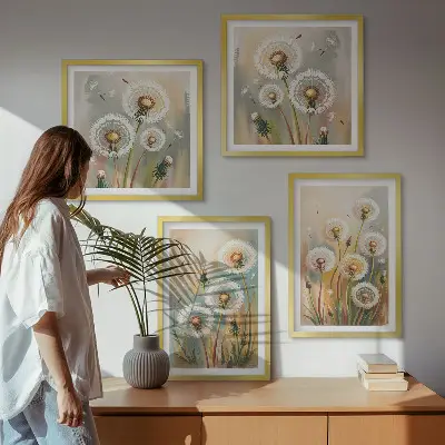 Billedvæg over sofa med mælkebøtteblomster og pastelgræsser