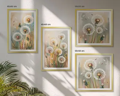 Billedvæg over sofa med mælkebøtteblomster og pastelgræsser