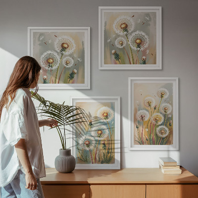 Billedvæg over sofa Mælkebøtteblomster pastelgræsser