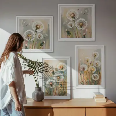 Billedvæg over sofa med mælkebøtteblomster og pastelgræsser