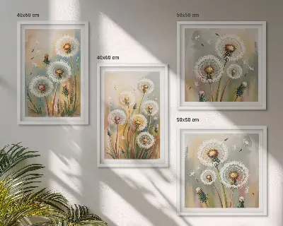 Billedvæg over sofa med mælkebøtteblomster og pastelgræsser