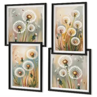 Billedvæg over sofa med mælkebøtteblomster og pastelgræsser