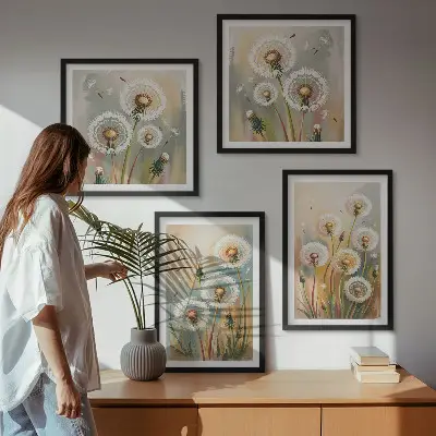 Billedvæg over sofa med mælkebøtteblomster og pastelgræsser