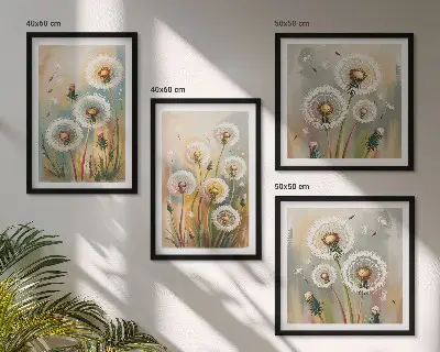 Billedvæg over sofa med mælkebøtteblomster og pastelgræsser