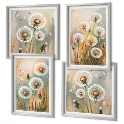 Billedvæg over sofa med mælkebøtteblomster og pastelgræsser