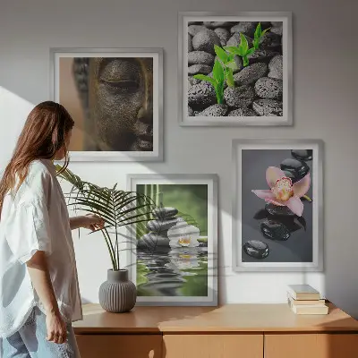 Fredfyldt Zen Blomst Buddha komposition billedsæt med ramme