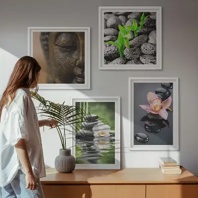Fredfyldt Zen Blomst Buddha komposition billedsæt med ramme