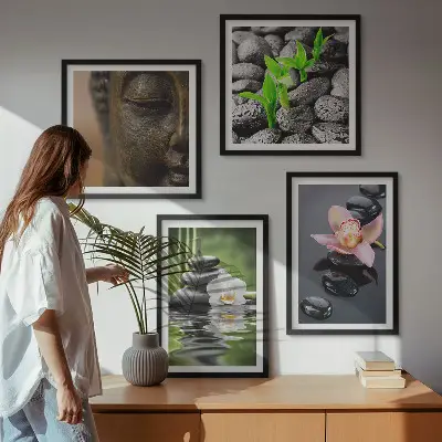 Fredfyldt Zen Blomst Buddha komposition billedsæt med ramme