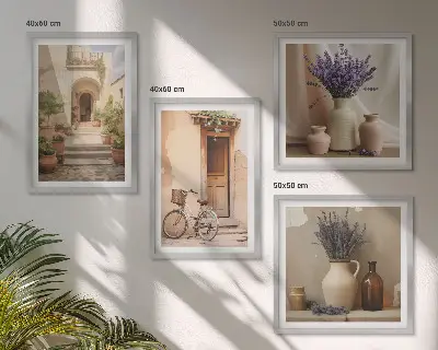 Billedvæg over sofa med lavendelblomster og arkitektur