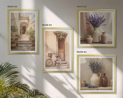 Billedvæg over sofa med lavendelblomster og arkitektur