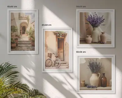 Billedvæg over sofa med lavendelblomster og arkitektur