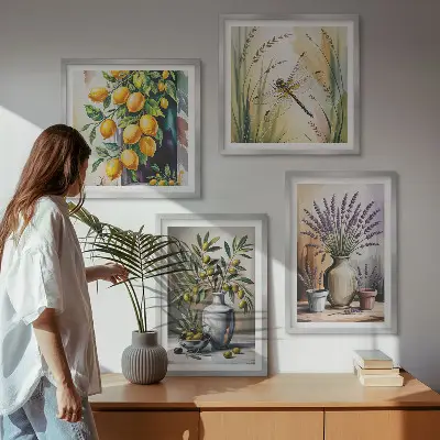 Olivenblomster i vaser naturfarvet billedsæt med ramme