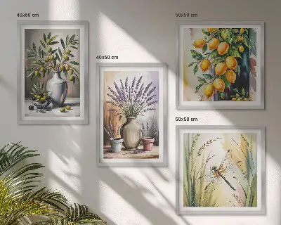 Olivenblomster i vaser naturfarvet billedsæt med ramme