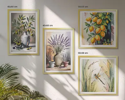 Olivenblomster i vaser naturfarvet billedsæt med ramme