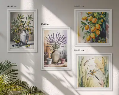 Olivenblomster i vaser naturfarvet billedsæt med ramme